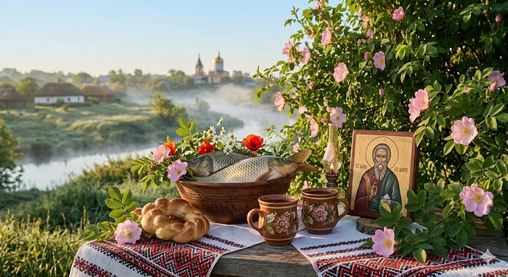 Икона, рыба и хлеб на столе