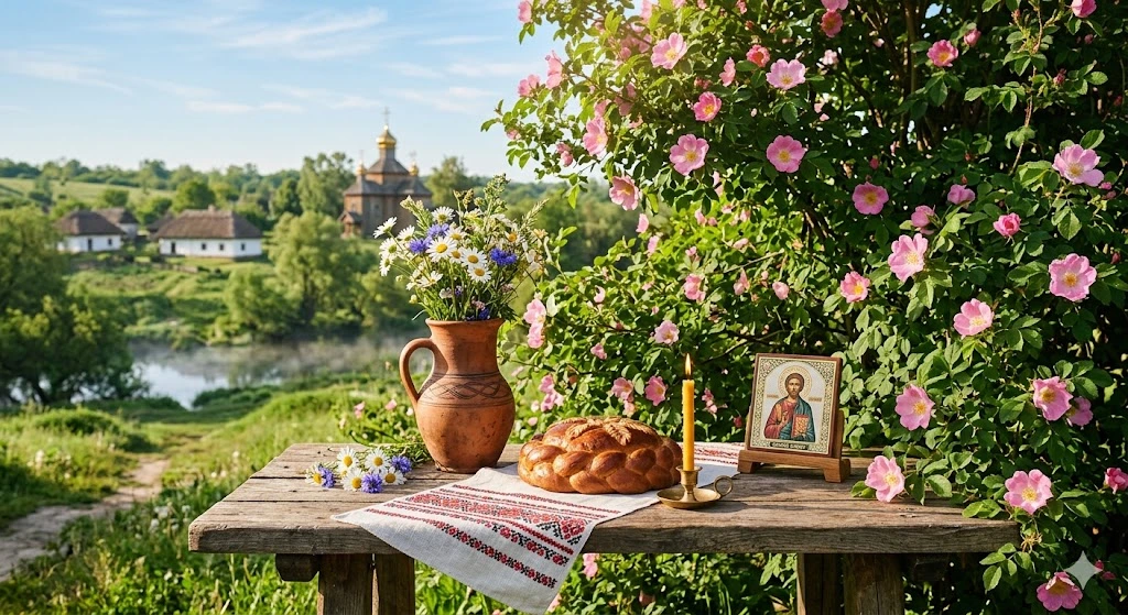 Кувшин и шиповник у реки
