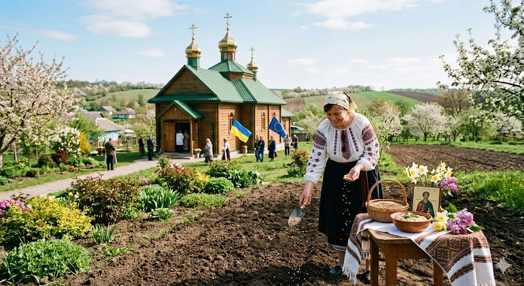 Украинка сеет зерно весной