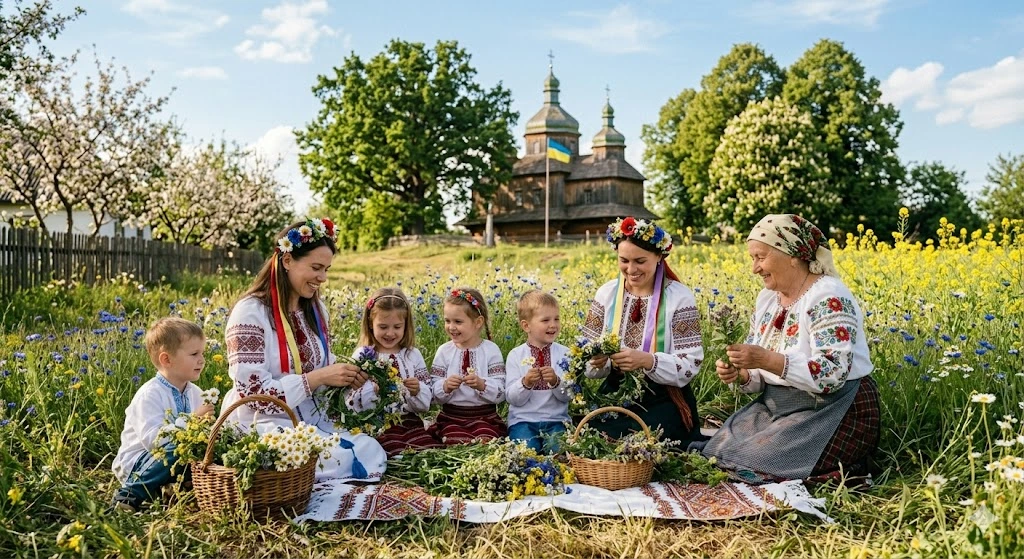 Украинки, венки, церковь, луг