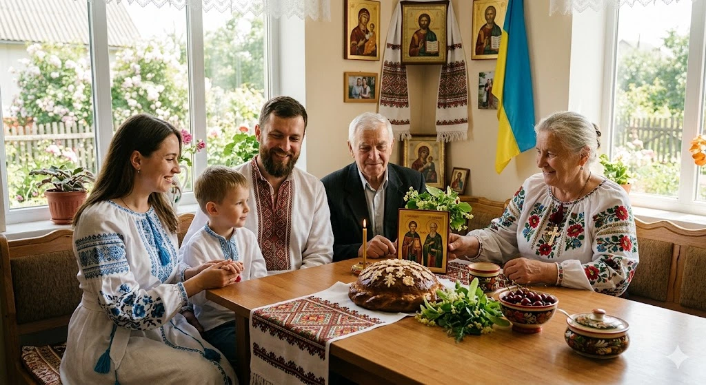 Украинская семья, вышиванки, икона
