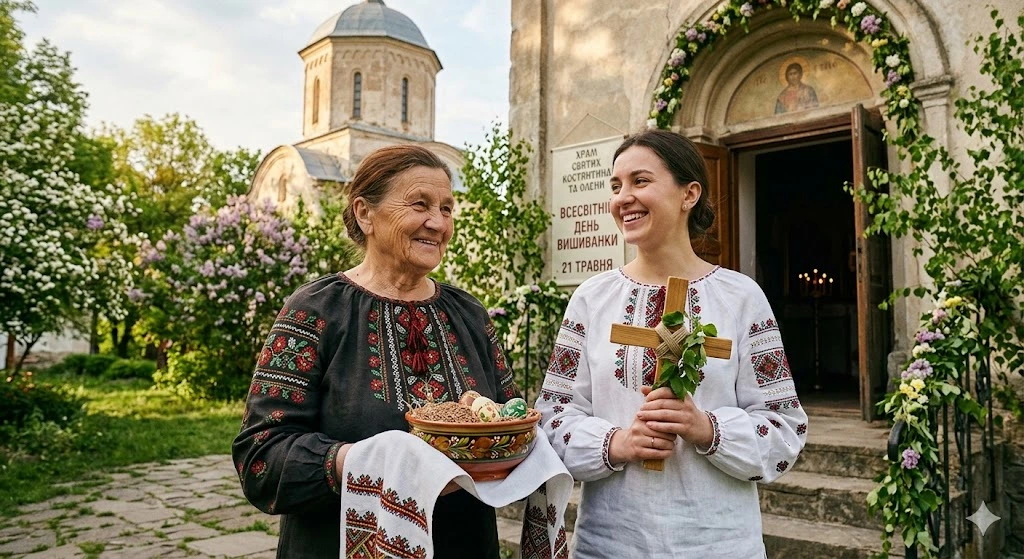 Жінки у вишиванках біля церкви