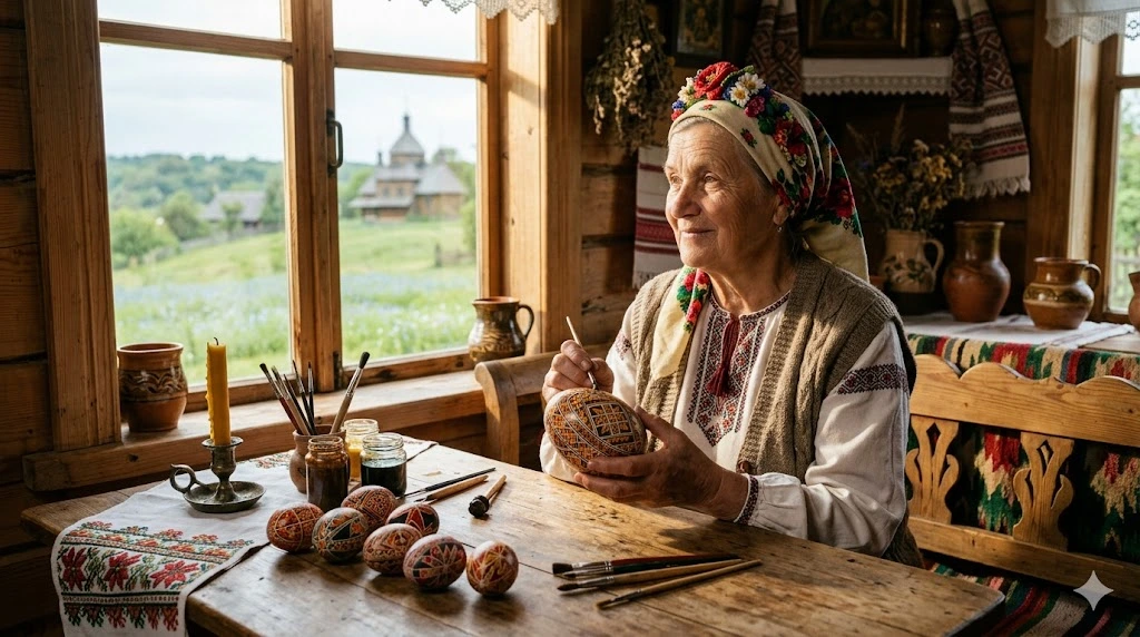 Бабуся розписує писанку