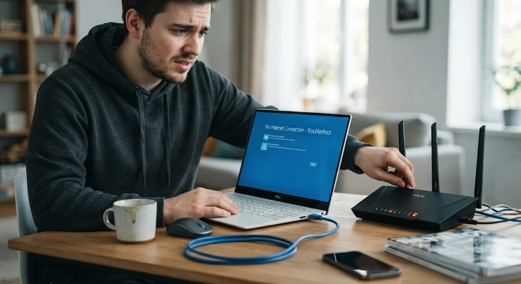Человек настраивает Wi-Fi роутер