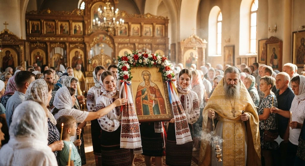 Девушки в вышиванках несут икону