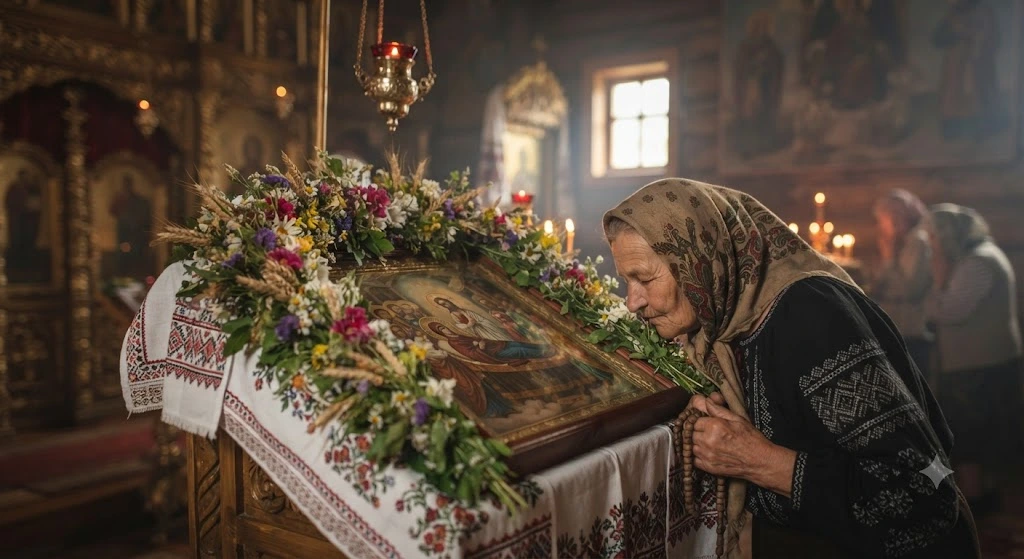 Пожилая прихожанка целует икону