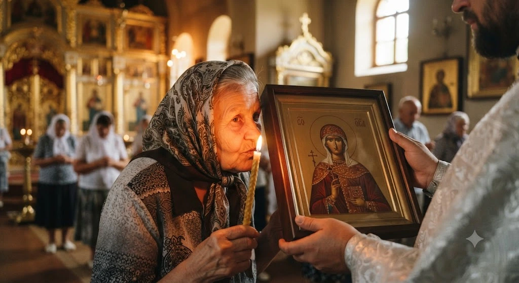 Пожилая женщина целует икону