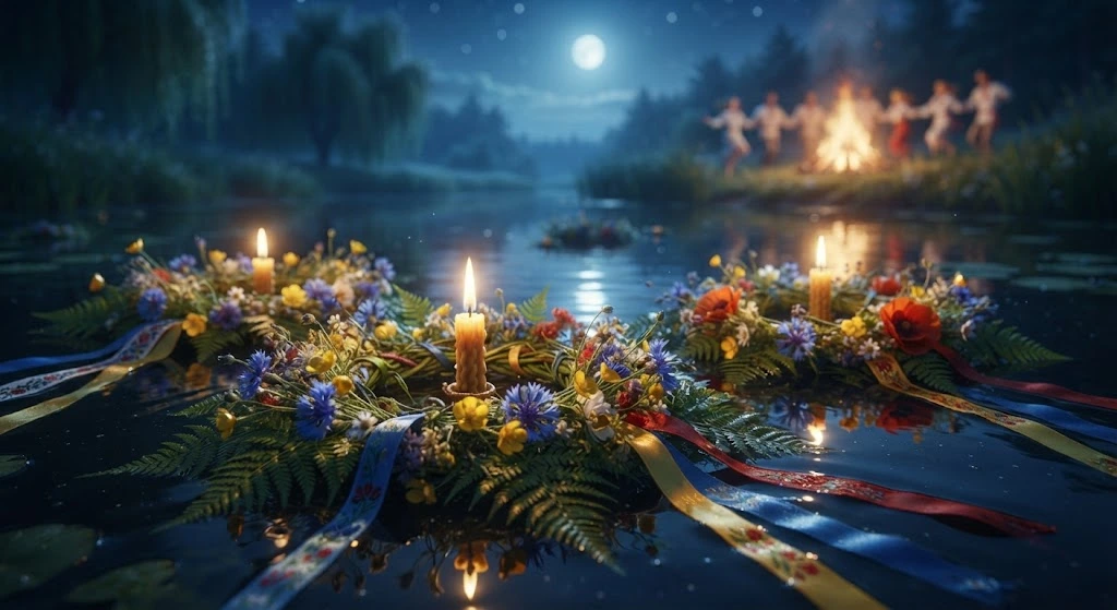 Венки со свечами на воде ночью