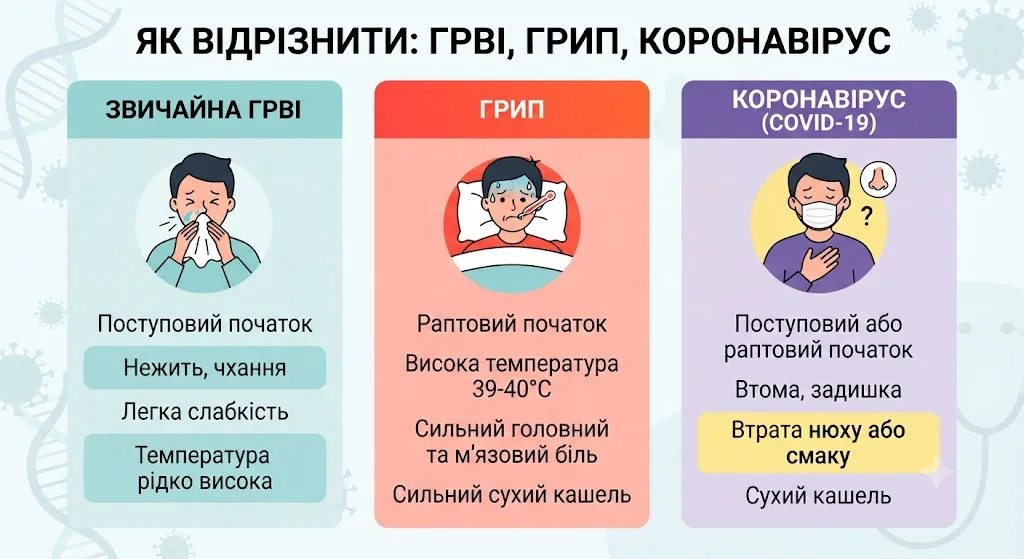 Симптомы ОРВІ, гриппа, коронавируса