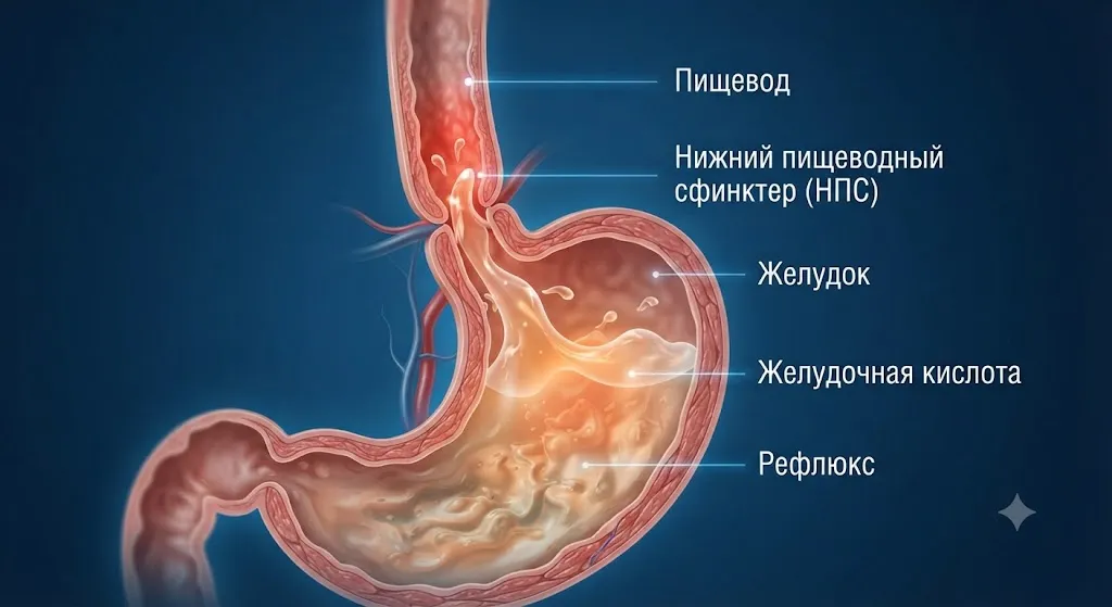 Схема механизма кислотного рефлюкса