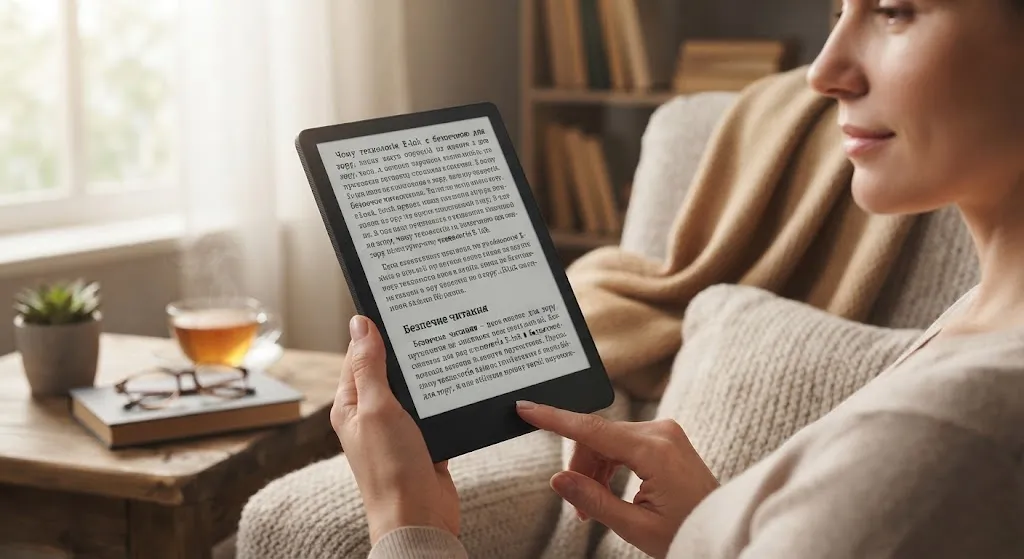 Woman reading E-Ink reader
