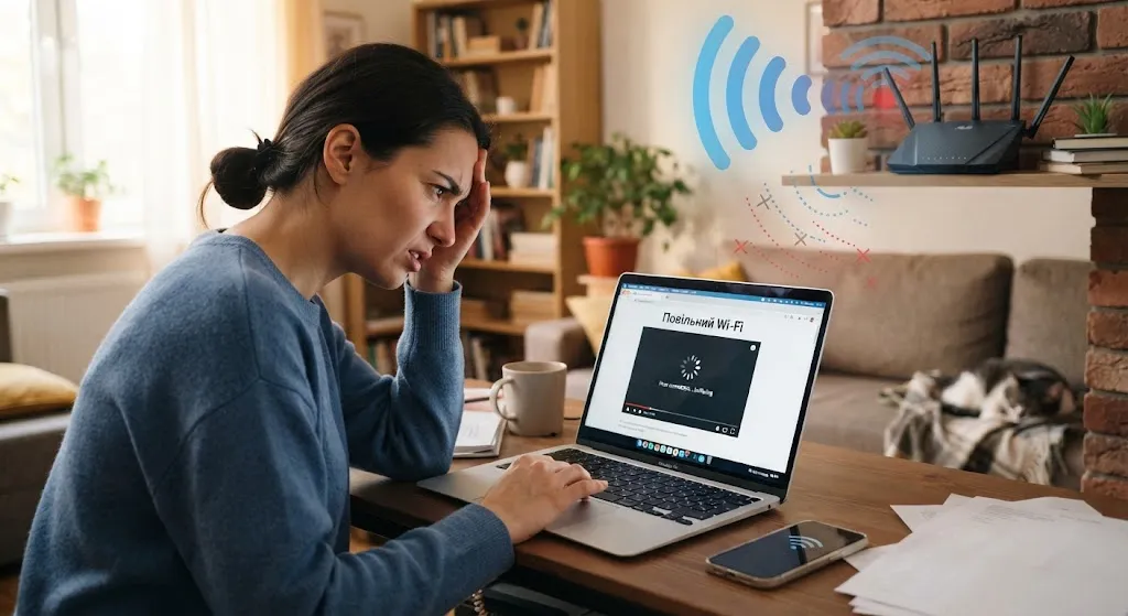 Расстроенная женщина с медленным Wi-Fi.