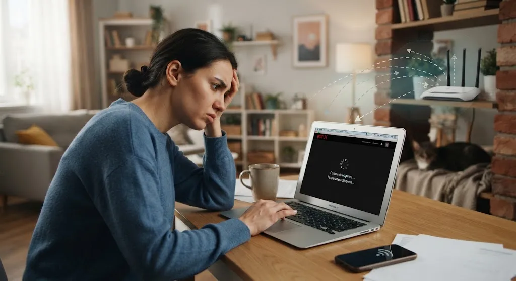 женщина с медленным Wi-Fi.